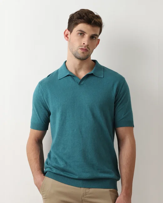 TURQUOISE LINEN POLO T-SHIRT