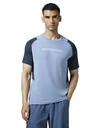 Men's Slim Fit Color Block Crew Neck Half Sleeve T-Shirt, Light Blue