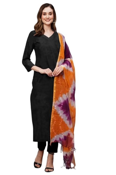 Women's Rayon Viscose Straight Solid Kurta with Pant & Dupatta, Black/Orange