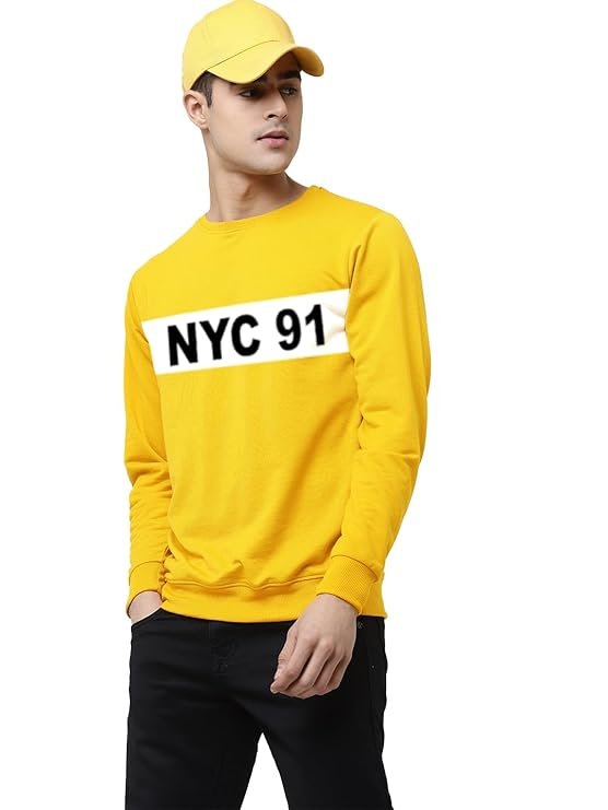 Round Neck Chest Printed Sweatshirt, Yellow - Image 3