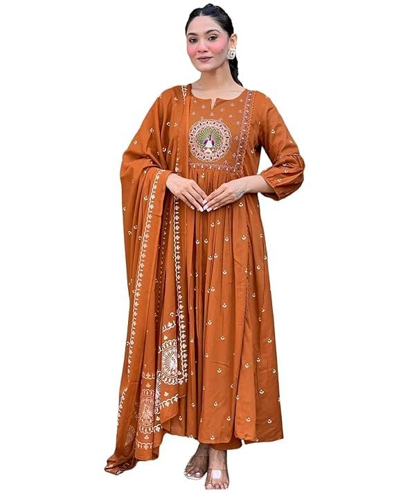 Women Rayon Printed Anarkali Kurta Set with Dupatta, Rust