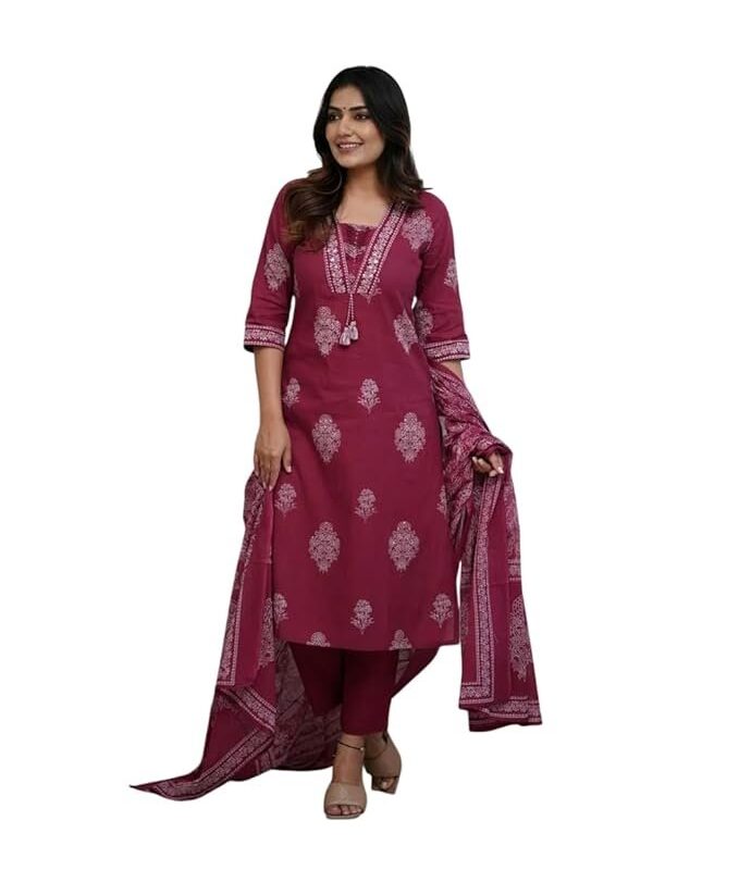 Women's Pure Cotton Printed with Handwork Kurta Set, Maroon