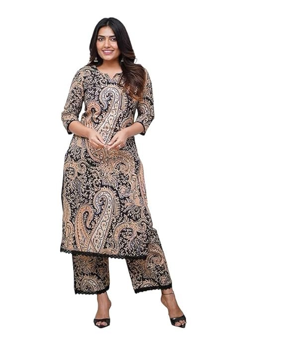 Women Viscose Printed Straight Kurta Pant Set, Black