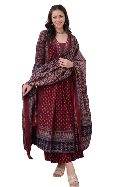 Women's Rayon Printed Anarkali Kurta and Pant with Dupatta Set, Maroon
