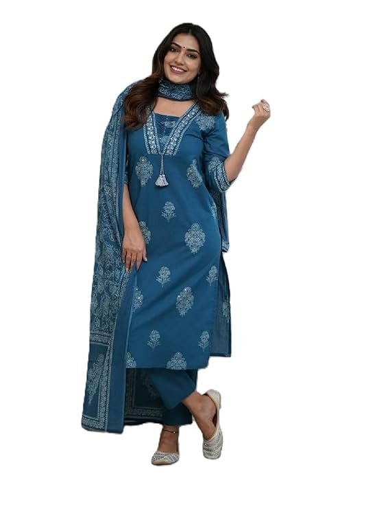 Women's Pure Cotton Printed with Handwork Kurta Set, Blue