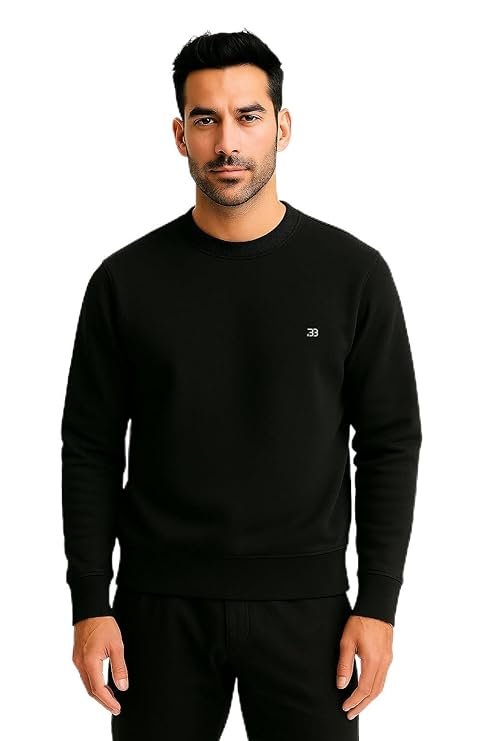 Solid Cotton Rich Light Weight Round Neck Sweatshirt, Black