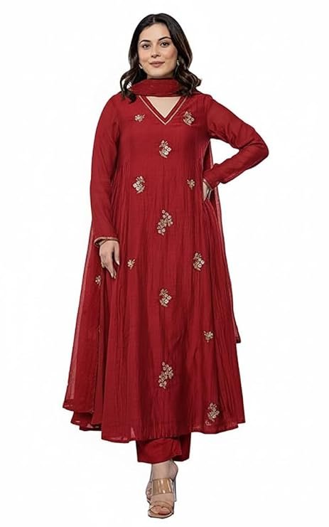 Women Embroidery Solid Anarkali Kurta and Pant Set with Dupatta, Red