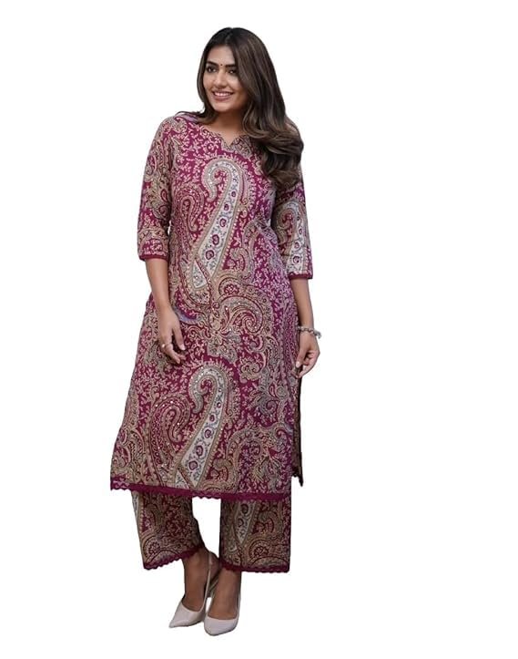Women Viscose Printed Straight Kurta Pant Set, Maroon