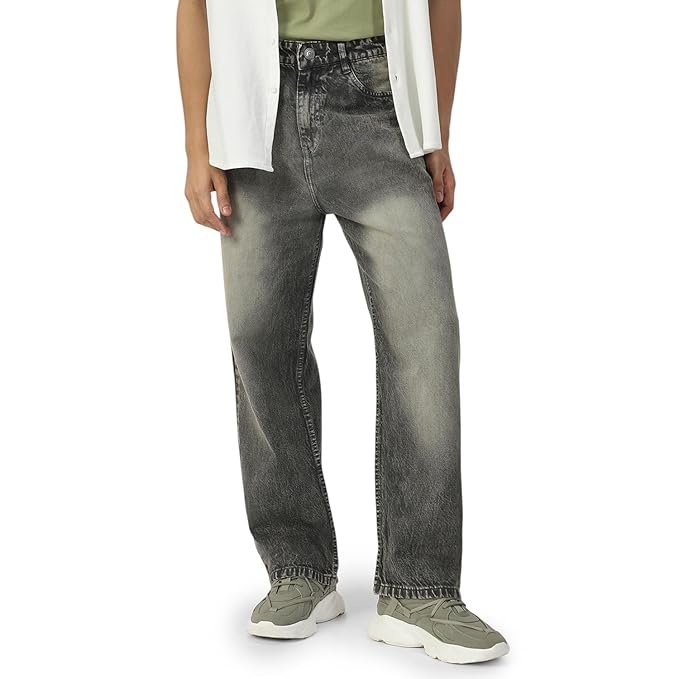 Men's Loose Mid Rise Baggy Fit Washed Jeans - Grey