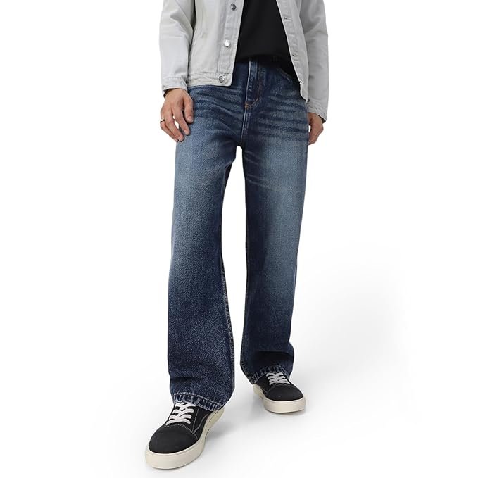 Men's Loose Mid Rise Baggy Fit Washed Jeans - Dark Blue