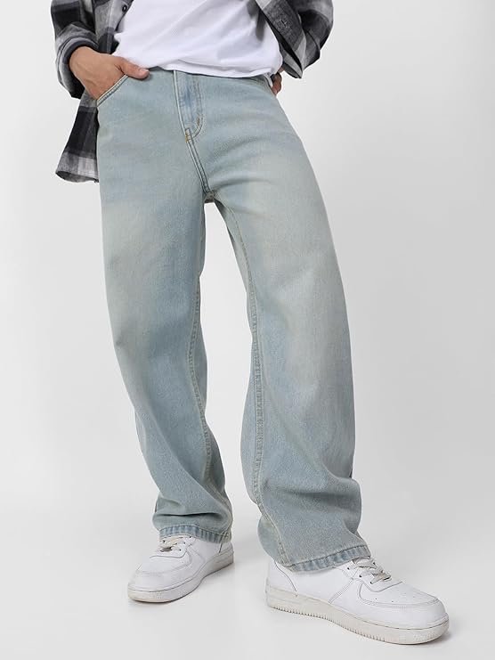 Men's Loose Mid Rise Baggy Fit Washed Jeans - Ice Blue