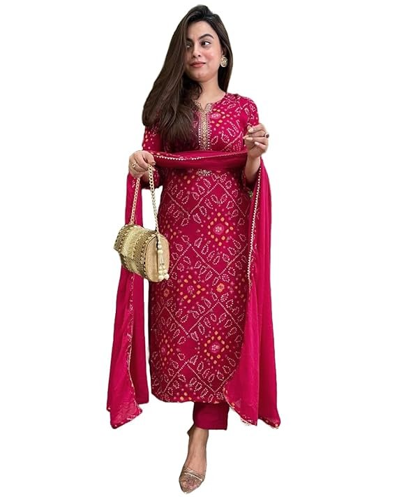 Women's Rayon Viscose Straight Bandhej Printed Kurta with Pant & Dupatta, Pink
