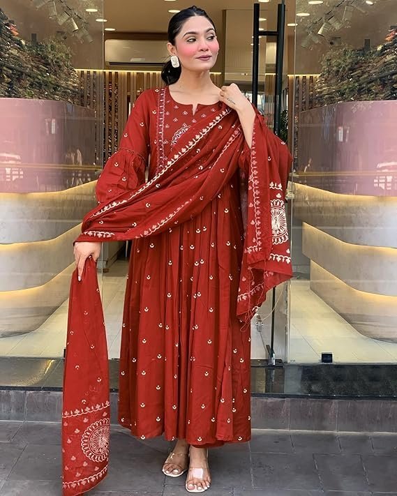 Women Rayon Printed Anarkali Kurta Set with Dupatta, Maroon