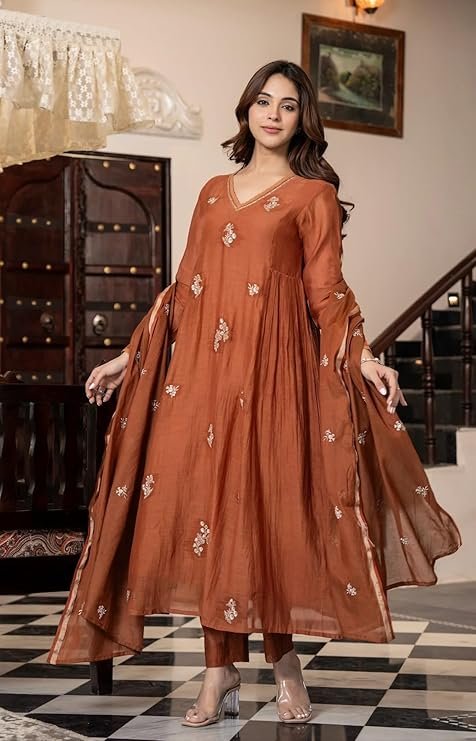 Women Embroidery Solid Anarkali Kurta and Pant Set with Dupatta, Orange