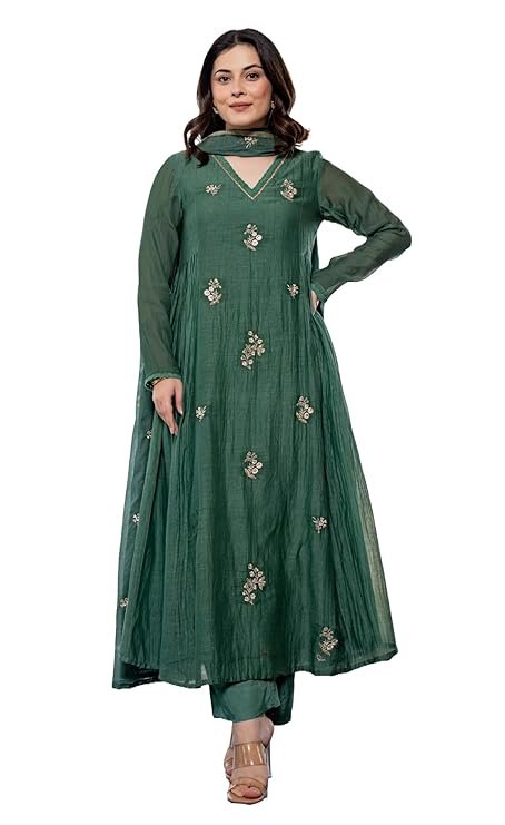 Women Embroidery Solid Anarkali Kurta and Pant Set with Dupatta, Green