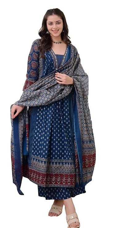 Women's Rayon Printed Anarkali Kurta and Pant with Dupatta Set, Teal Blue