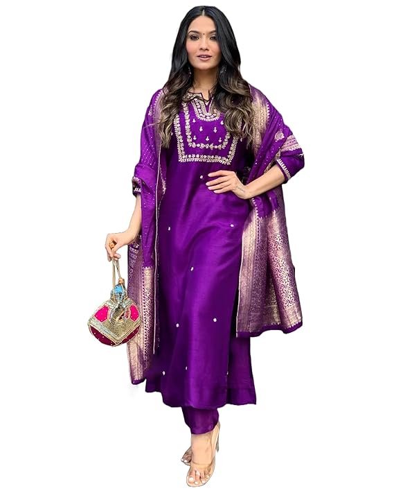 Women's Silk Blend Straight Embroidered Kurta with Pant & Dupatta, Begani