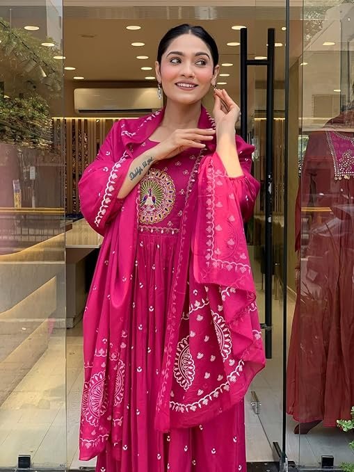 Women Rayon Printed Anarkali Kurta Set with Dupatta, Pink