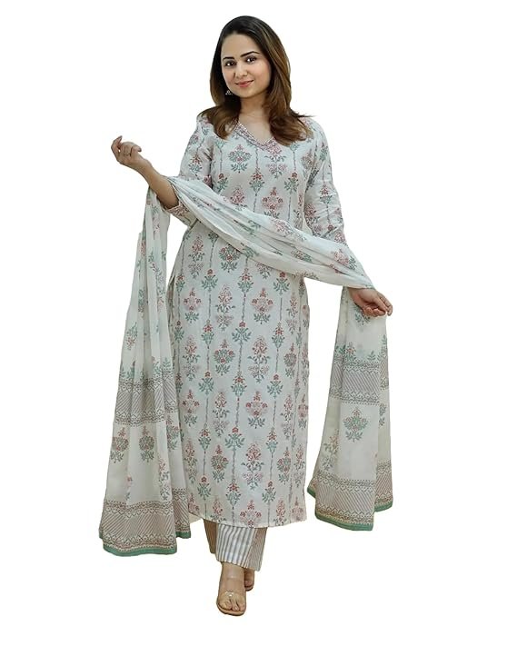 Women's Viscose Kurta Set with Dapatta, White