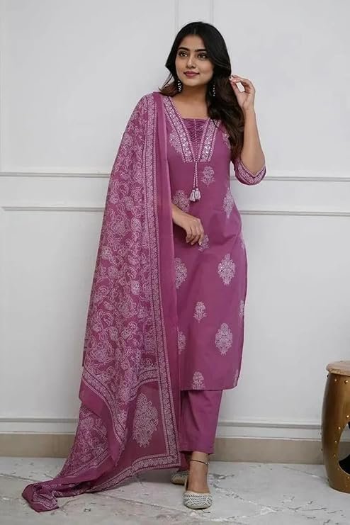 Women's Pure Cotton Printed with Handwork Kurta Set, Wine