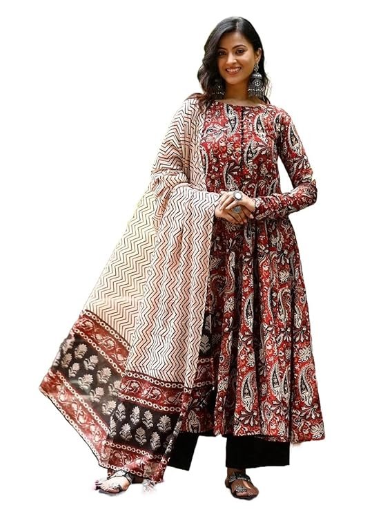Women Printed Anarkali Kurta and Pant Set with Dupatta, Maroon