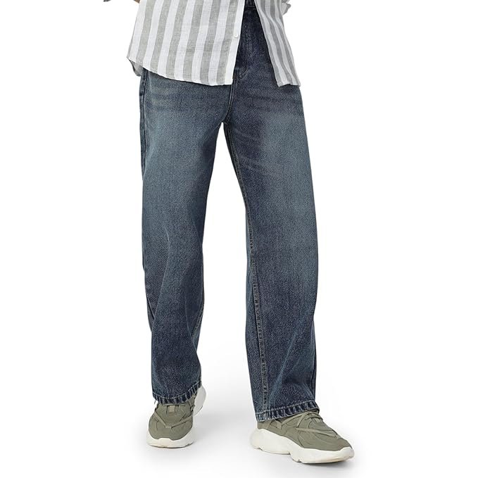 Men's Loose Mid Rise Baggy Fit Washed Jeans - Blue