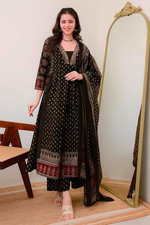 Women's Rayon Printed Anarkali Kurta and Pant with Dupatta Set, Black