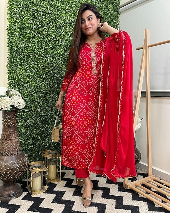 Women's Rayon Viscose Straight Bandhej Printed Kurta with Pant & Dupatta, Red