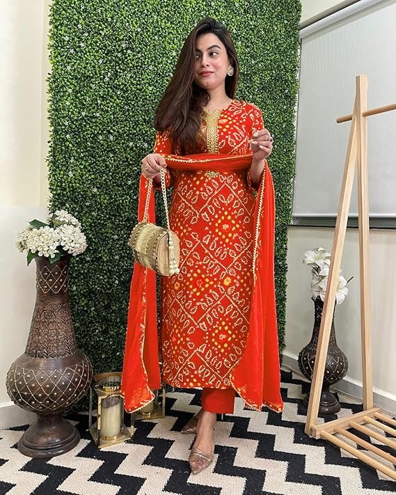 Women's Rayon Viscose Straight Bandhej Printed Kurta with Pant & Dupatta, Orange