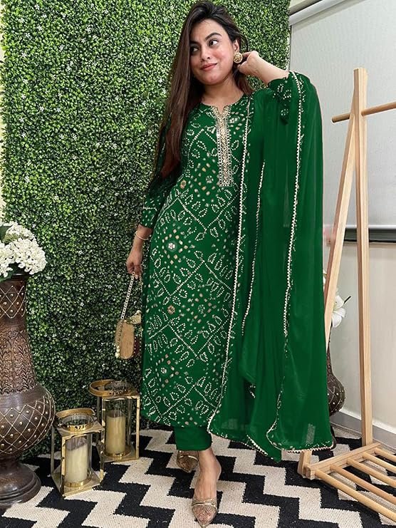 Women's Rayon Viscose Straight Bandhej Printed Kurta with Pant & Dupatta, Green