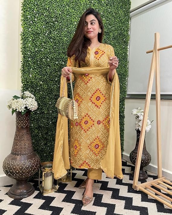 Women's Rayon Viscose Straight Bandhej Printed Kurta with Pant & Dupatta, Cream