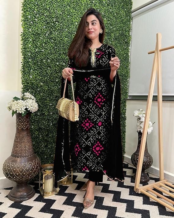 Women's Rayon Viscose Straight Bandhej Printed Kurta with Pant & Dupatta, Black