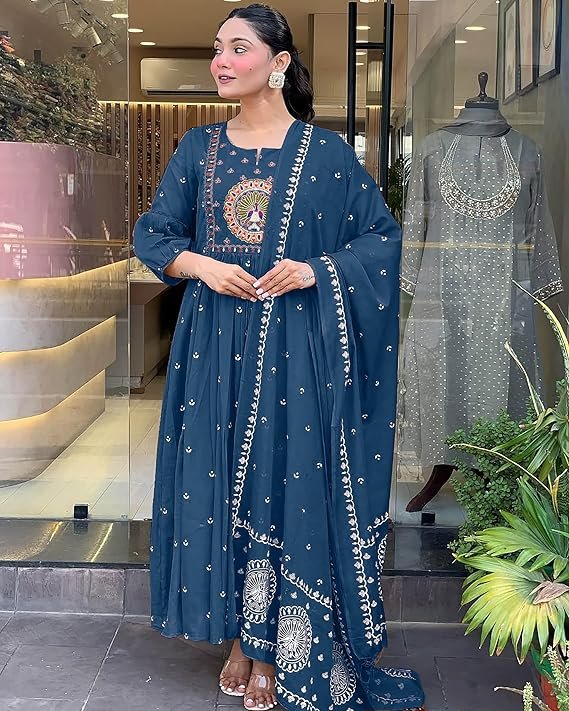 Women Rayon Printed Anarkali Kurta Set with Dupatta, Morepeach