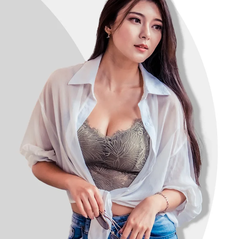 Women?s Sheer Button-Down Shirt & Lace Bralette Set, White